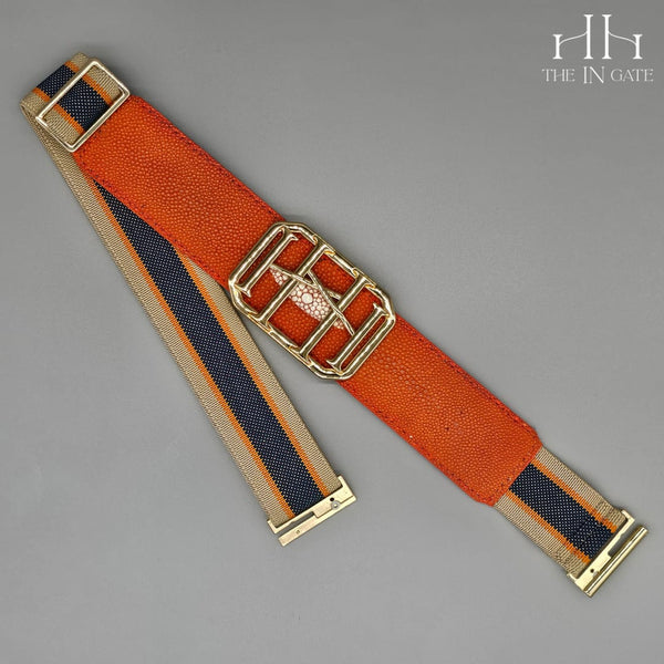 Icon Belt: Gold Classic Buckle on Orange Stingray with Sand, Orange, and Navy Elastic - The In Gate