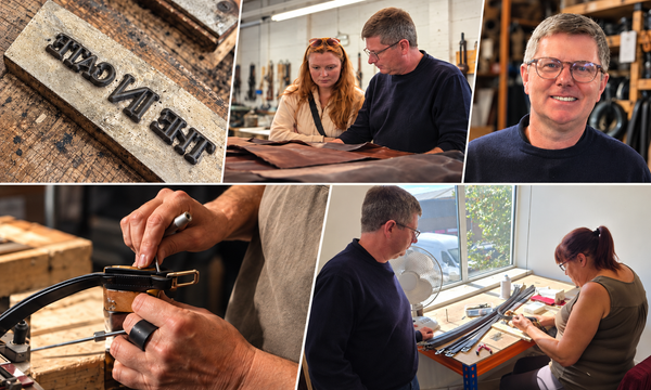 Jimmy Sardelli and The In Gate team visiting a leather workshop in Walsall, England, with leather hides and tack craftsmanship behind the Coronation Collection.