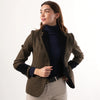 Grantham Sage Check Wool Jacket by Welligogs, open-front studio view on a model showing contrast navy lapels and cuffs.