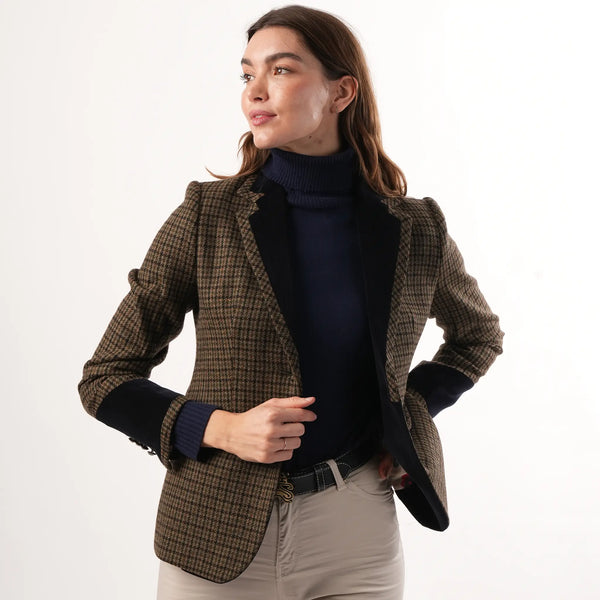Grantham Sage Check Wool Jacket by Welligogs, open-front studio view on a model showing contrast navy lapels and cuffs.