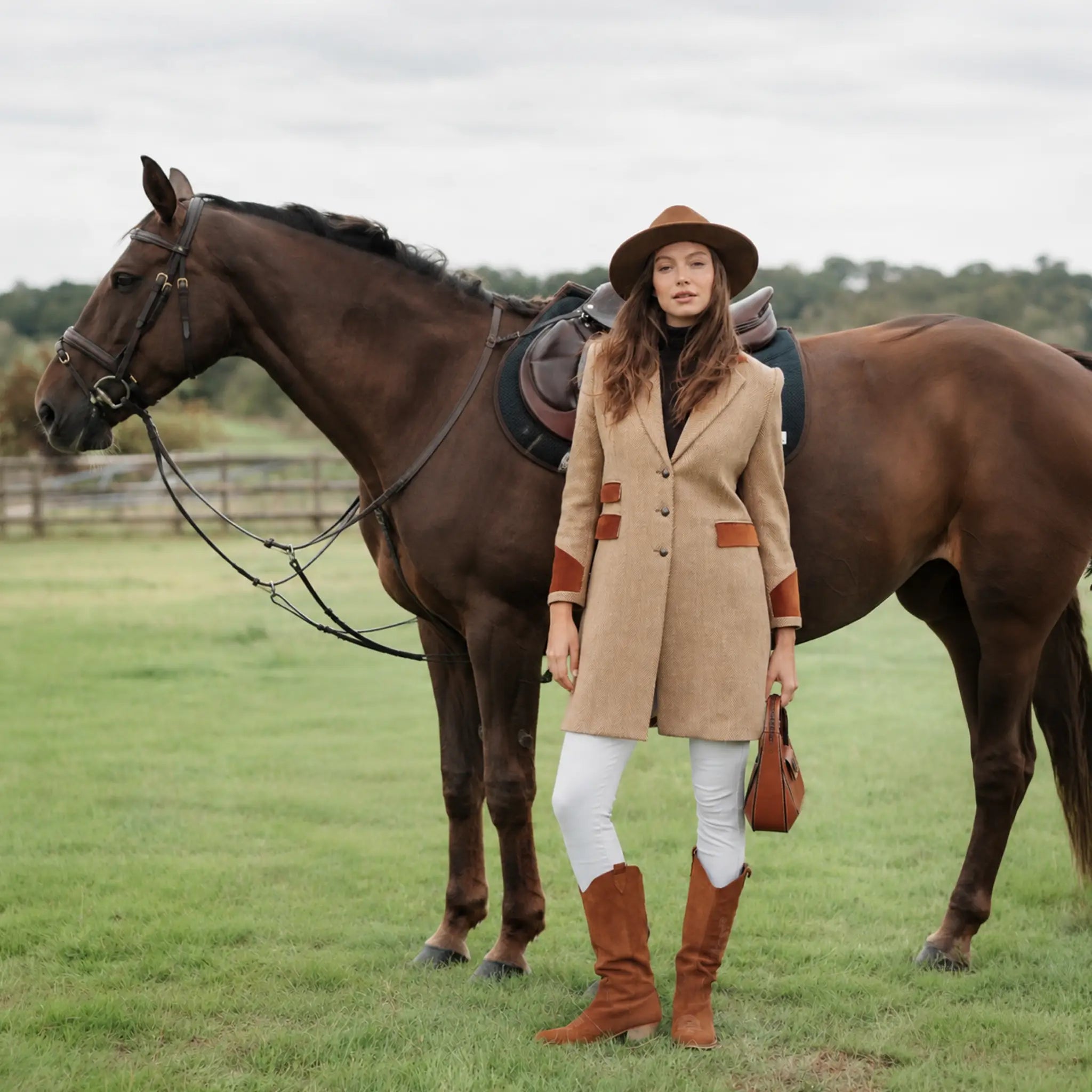 A woman stands in a grassy field next to a brown horse, wearing the Welligogs Damelza Camel Coat - a camel colored wool coat with brown trim, white pants, brown knee-high boots, and a brown hat, while holding a brown handbag.