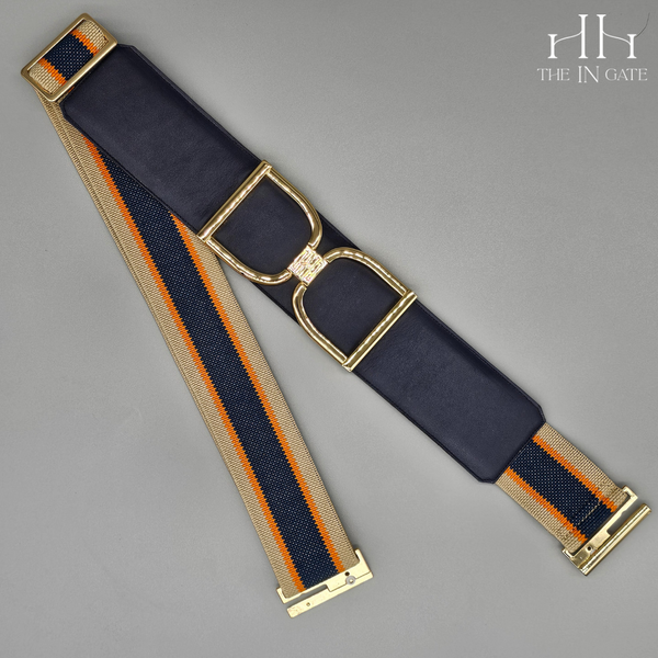 Icon Belt: Gold Stirrup Buckle on Navy Leather with Sand, Orange & Navy Stripe Elastic - The In Gate