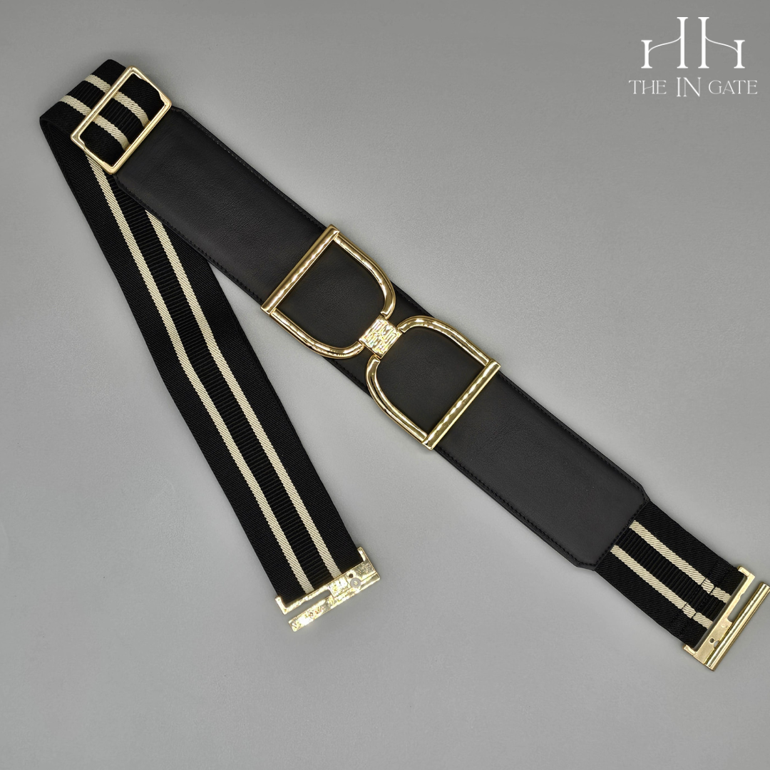 Icon Belt: Gold Stirrup Buckle on Black Leather with Black & Buff Stripe Elastic - The In Gate