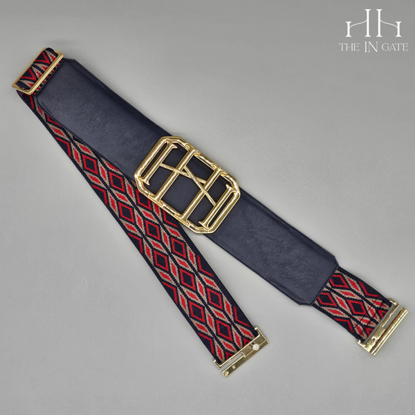Icon Belt: Gold Classic Buckle on Navy Leather with Red, Navy & Greige Diamond Elastic - The In Gate