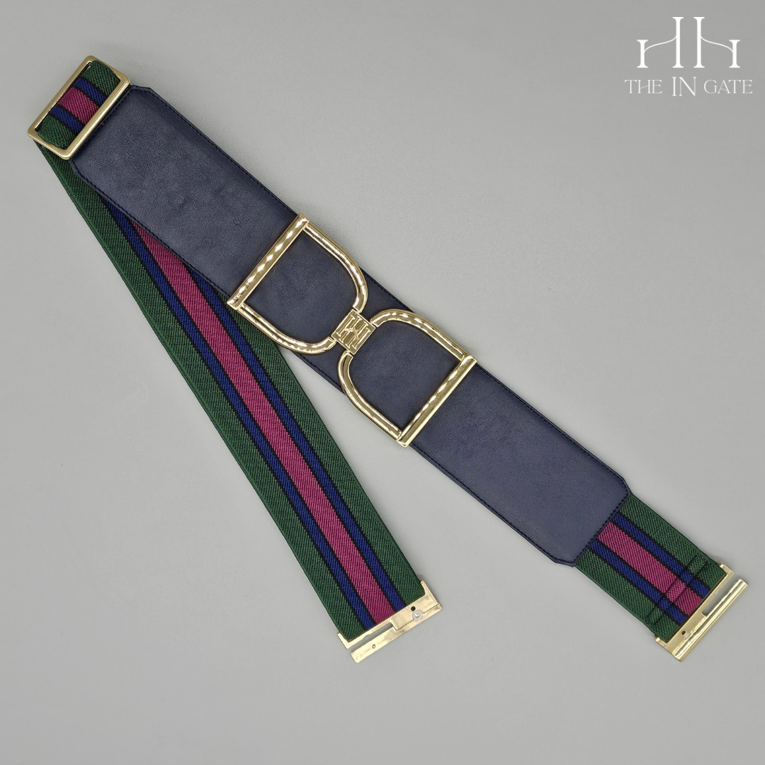 Icon Belt: Gold Stirrup Buckle on Navy Leather with Hunter Green, Blue & Magenta Stripe Elastic - The In Gate