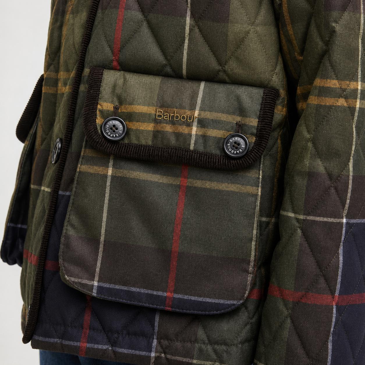 Plaid jacket with a visible Barbour brand logo on the pocket.