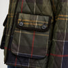 Plaid jacket with a visible Barbour brand logo on the pocket.