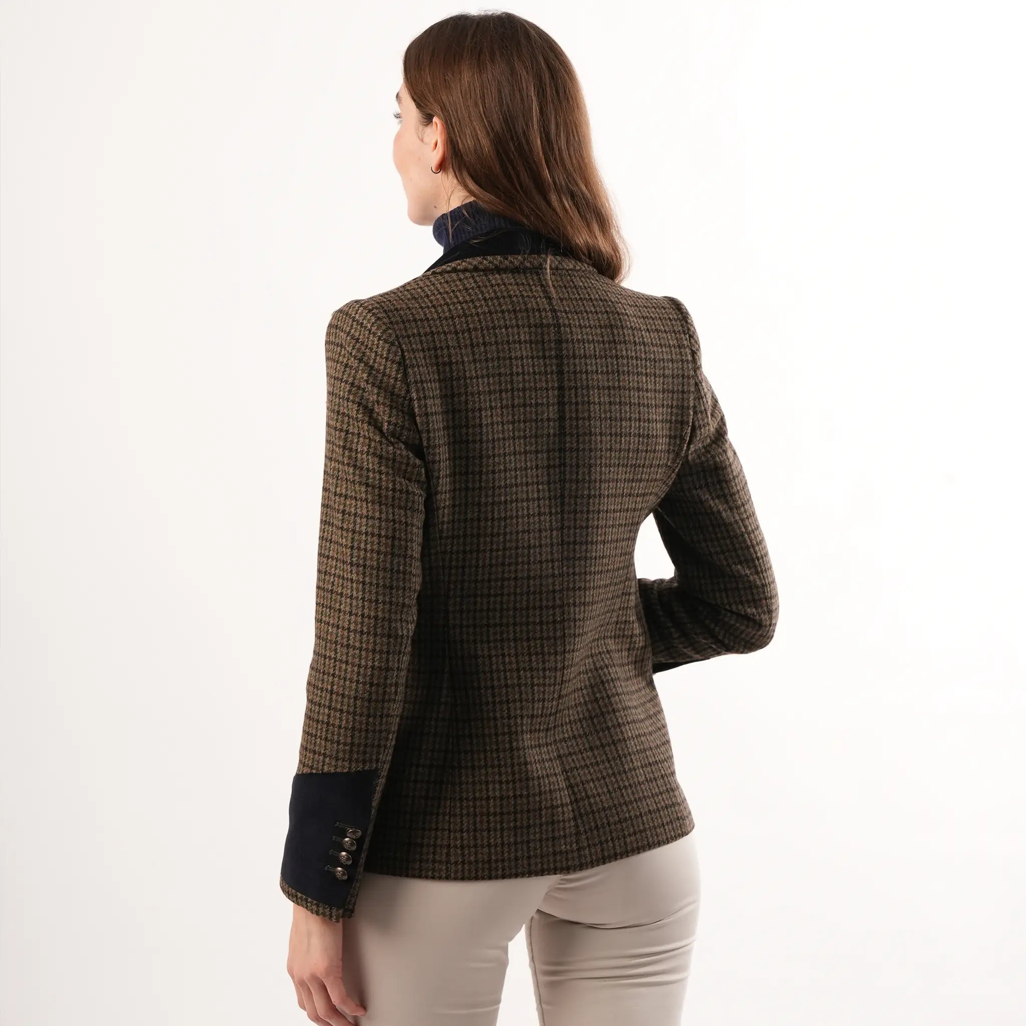 Grantham Sage Check Wool Jacket by Welligogs, back view on a model showing shaped seams, a fitted waist, and buttoned navy cuffs.