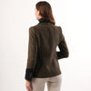 Grantham Sage Check Wool Jacket by Welligogs, back view on a model showing shaped seams, a fitted waist, and buttoned navy cuffs.