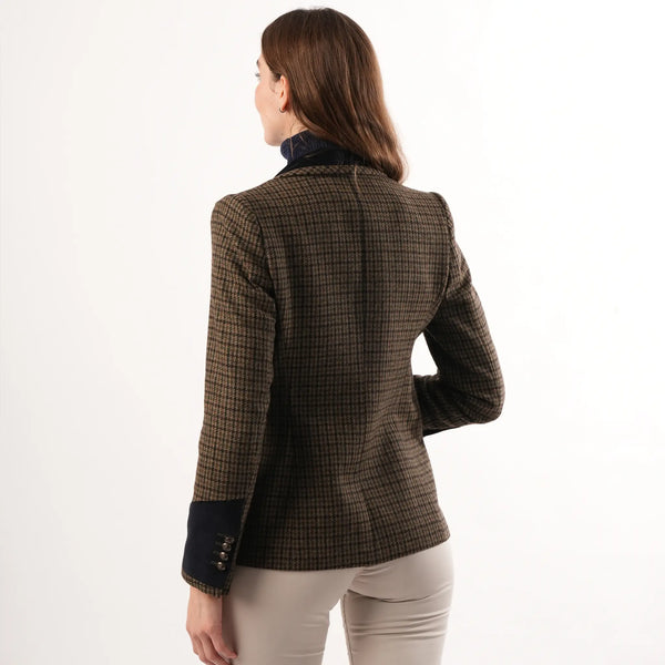 Grantham Sage Check Wool Jacket by Welligogs, back view on a model showing shaped seams, a fitted waist, and buttoned navy cuffs.
