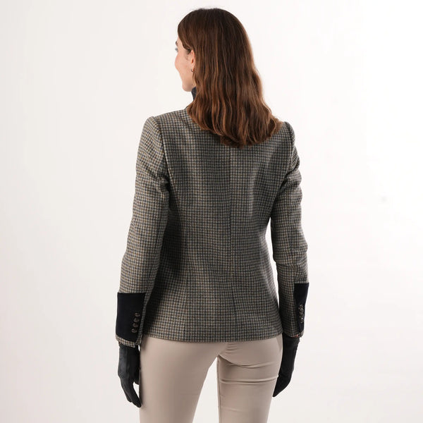 Grantham Midnight Check Wool Jacket by Welligogs, back view on a model showing shaped seams, fitted waist, and contrast cuffs.