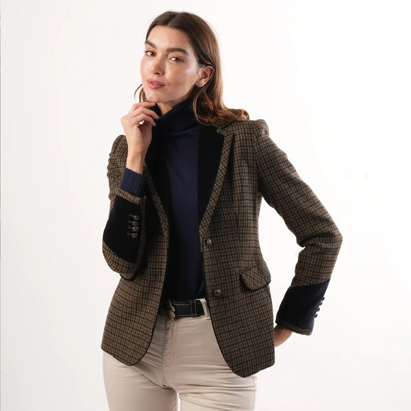 Grantham Sage Check Wool Jacket by Welligogs, front studio view on a model showing flap pockets and buttons on the contrast cuffs.