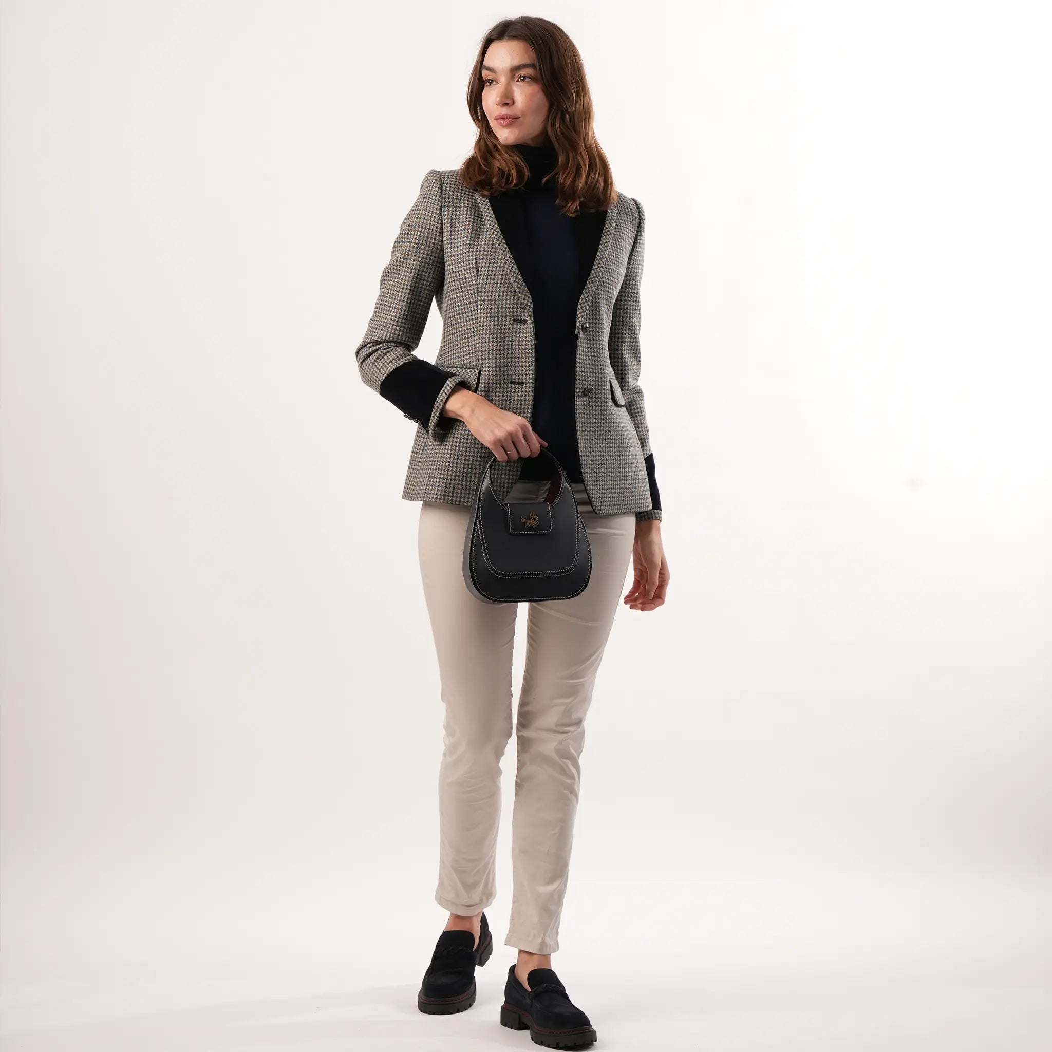 Grantham Midnight Check Wool Jacket by Welligogs, full-length studio view on a model showing the open front and tailored silhouette.