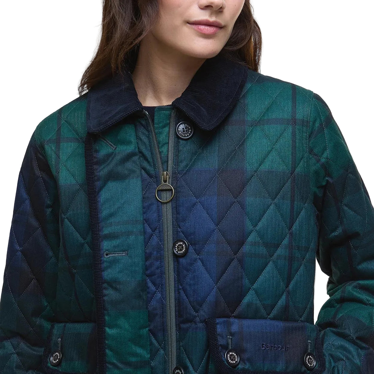Green and blue quilted jacket worn by a person on a white background