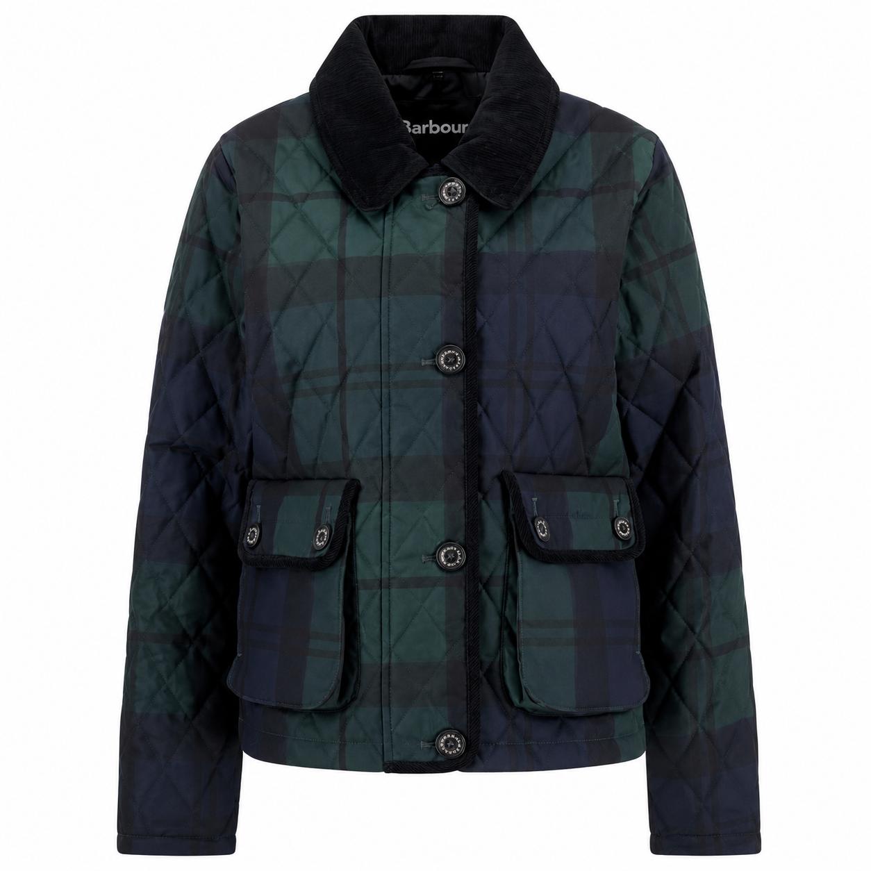 Green and black plaid jacket with button details on a white background