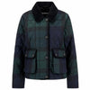 Green and black plaid jacket with button details on a white background