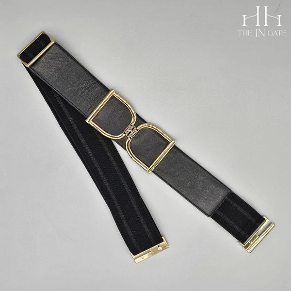Icon Belt: Gold Stirrup Buckle on Squared Black Leather with Black and Metallic Black Stripe Elastic - The In Gate