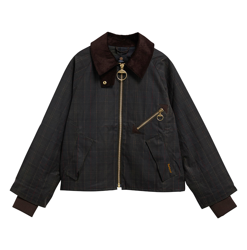 A dark charcoal plaid jacket with a dark brown corduroy collar, gold-tone hardware, and zippered pockets, shown flat on a white background.
