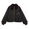 A dark charcoal plaid jacket with a dark brown corduroy collar, gold-tone hardware, and zippered pockets, shown flat on a white background.