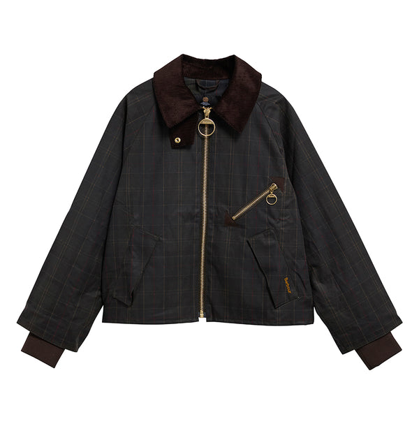 A dark charcoal plaid jacket with a dark brown corduroy collar, gold-tone hardware, and zippered pockets, shown flat on a white background.