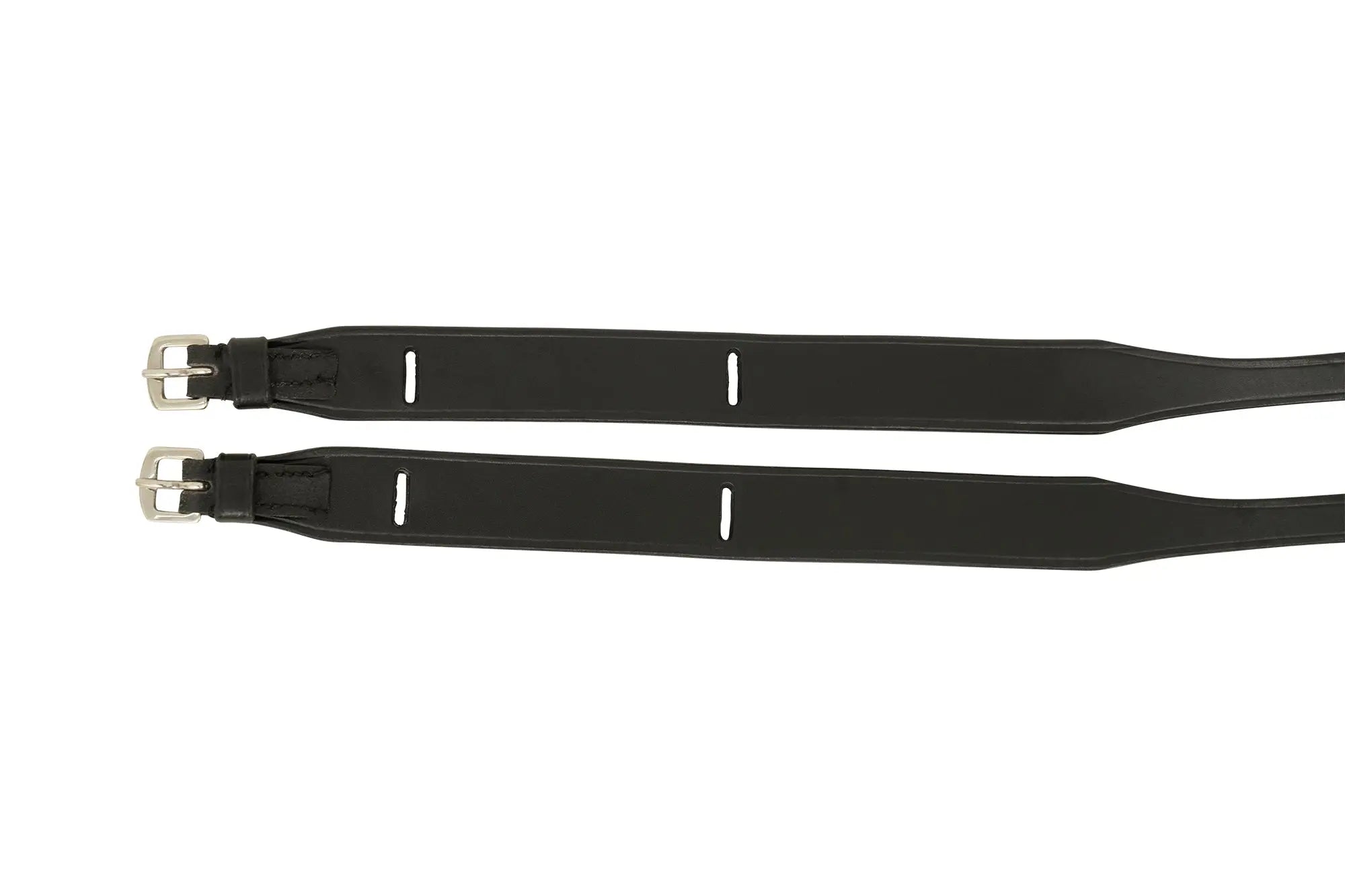 Huntley Equestrian Children's Black Leather Jodhpur Garter Straps, flat detail of wide sections, slots, and buckles
