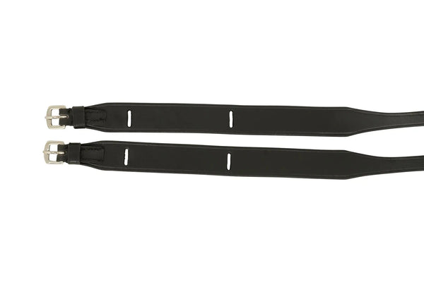 Huntley Equestrian Children's Black Leather Jodhpur Garter Straps, flat detail of wide sections, slots, and buckles
