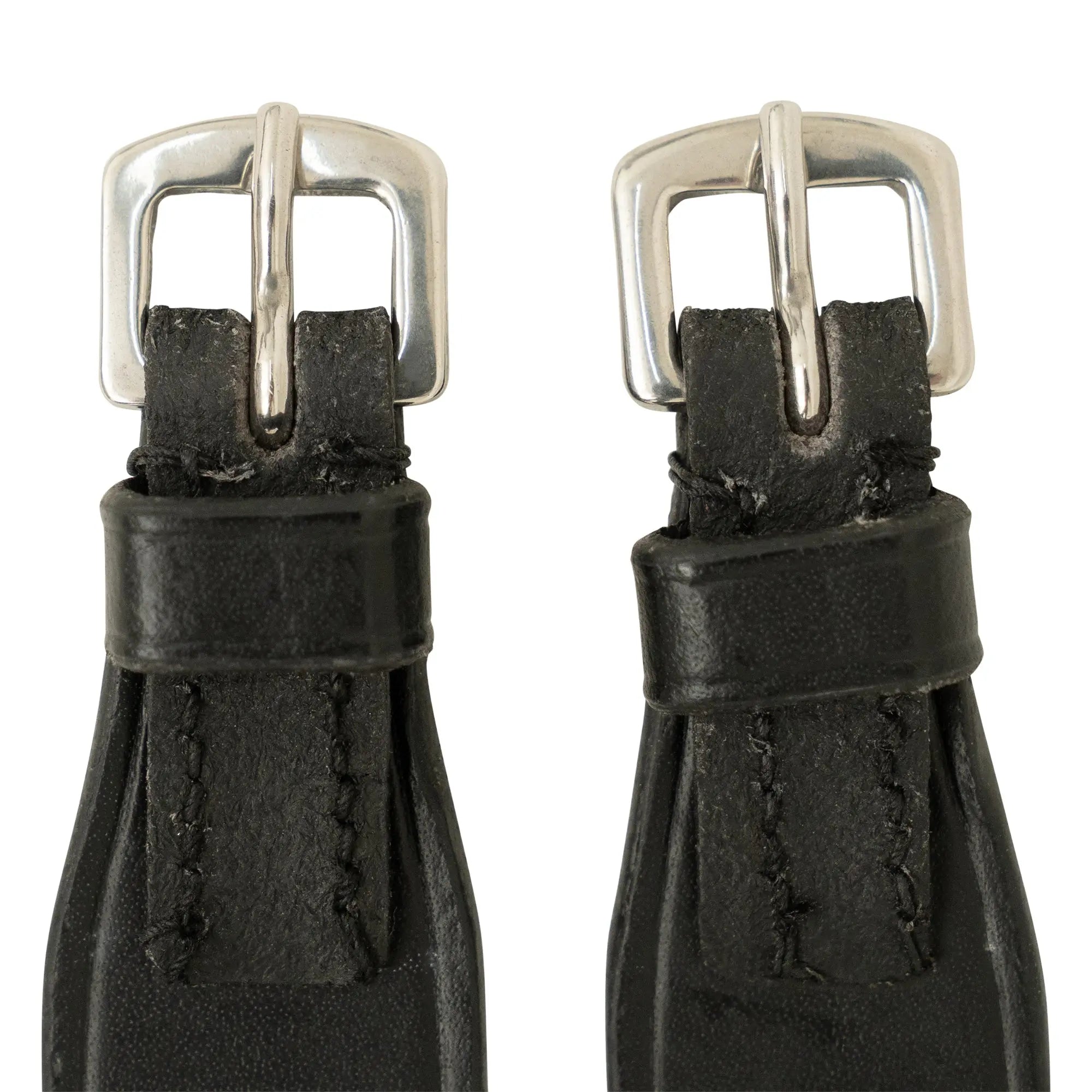 Huntley Equestrian Children's Black Leather Jodhpur Garter Straps, close-up of buckles, leather keepers, and stitching
