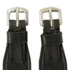 Huntley Equestrian Children's Black Leather Jodhpur Garter Straps, close-up of buckles, leather keepers, and stitching
