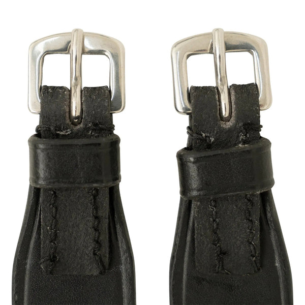 Huntley Equestrian Children's Black Leather Jodhpur Garter Straps, close-up of buckles, leather keepers, and stitching
