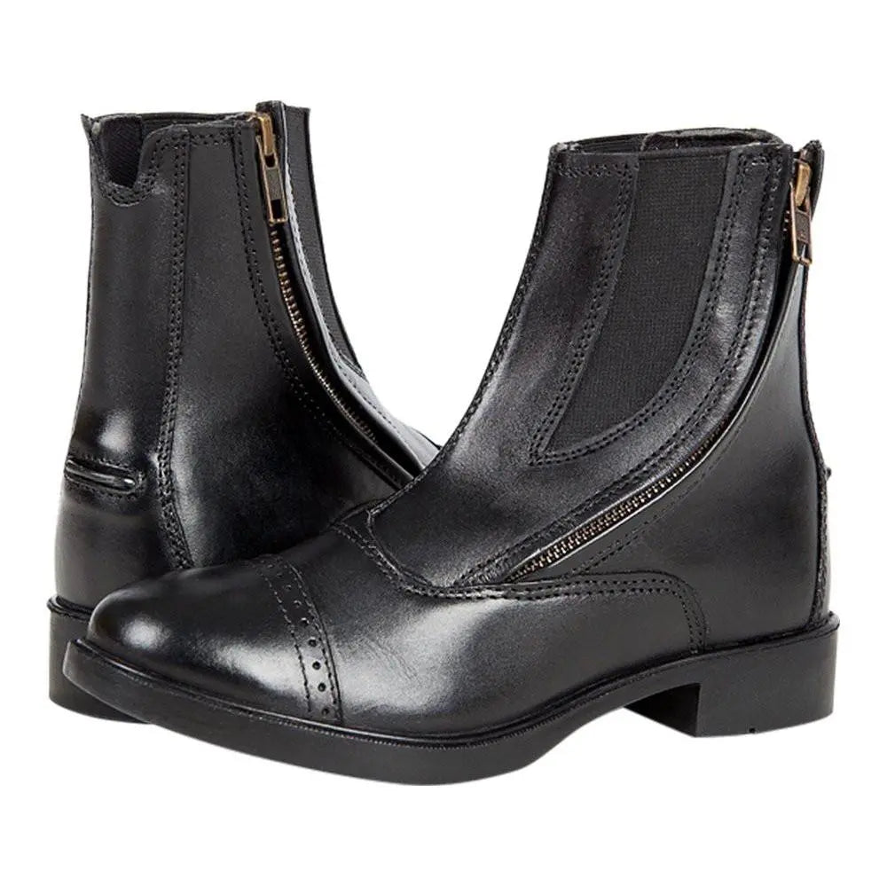 Daisy Clipper Children's Side-Zip Paddock Boots in black, angled view of the pair with side zippers and perforated toe caps
