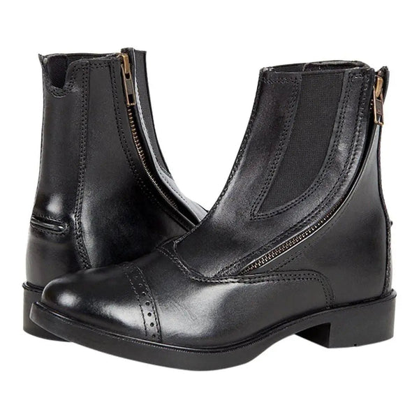Daisy Clipper Children's Side-Zip Paddock Boots in black, angled view of the pair with side zippers and perforated toe caps

