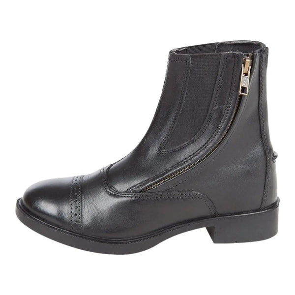 Daisy Clipper Children's Side-Zip Paddock Boots in black, side view with curved zipper and elastic ankle panel

