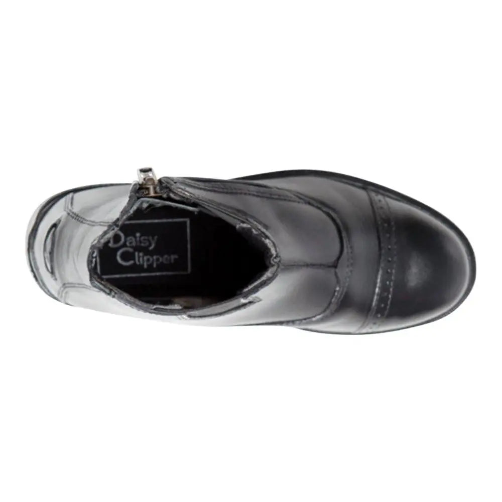 Daisy Clipper Children's Side-Zip Paddock Boots in black, top view showing the opening and Daisy Clipper label
