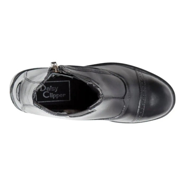Daisy Clipper Children's Side-Zip Paddock Boots in black, top view showing the opening and Daisy Clipper label
