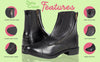 Daisy Clipper Children's Side-Zip Paddock Boots feature guide highlighting the zipper, mesh lining, elastic panels, leather upper, toe detail, and rubber outsole