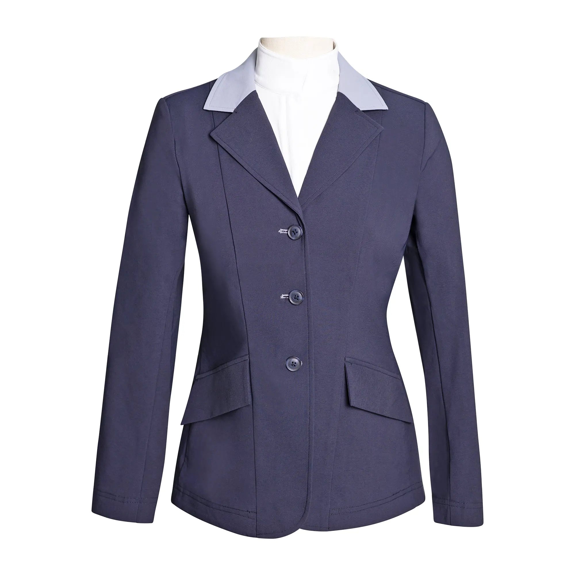 Grand Prix Ladies EQJ 3 Button Show Coat, Navy with Cadet Blue Collar