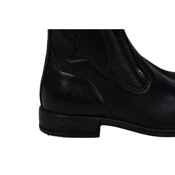 Grand Prix Saltare Florence Paddock Boots in black, side detail of heel, curved stitching, and elastic panel
