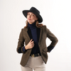 Grantham Sage Check Wool Jacket by Welligogs, studio view on a model wearing a hat, showing the open front and contrast navy trim.