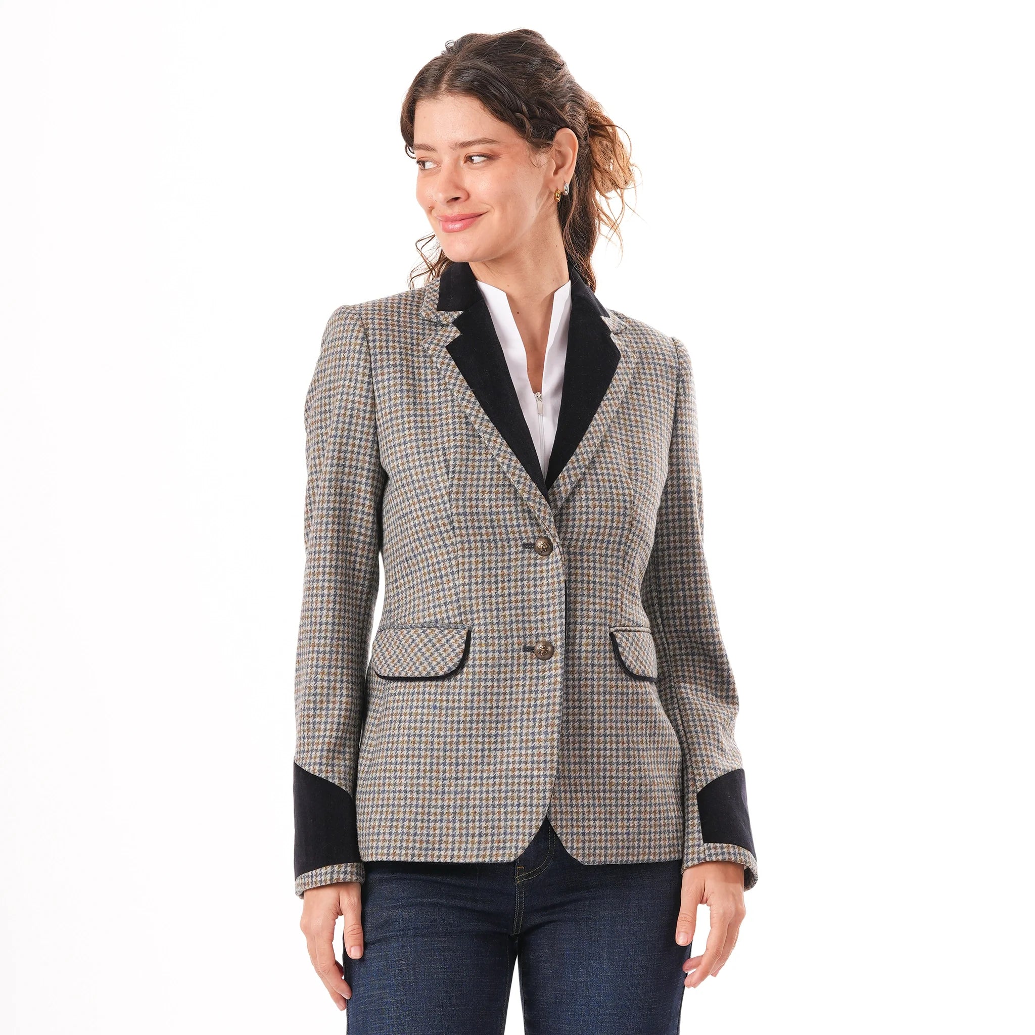 Grantham Midnight Check Wool Jacket by Welligogs, front view on a model showing velvet lapels, trimmed flap pockets, and contrast cuffs.