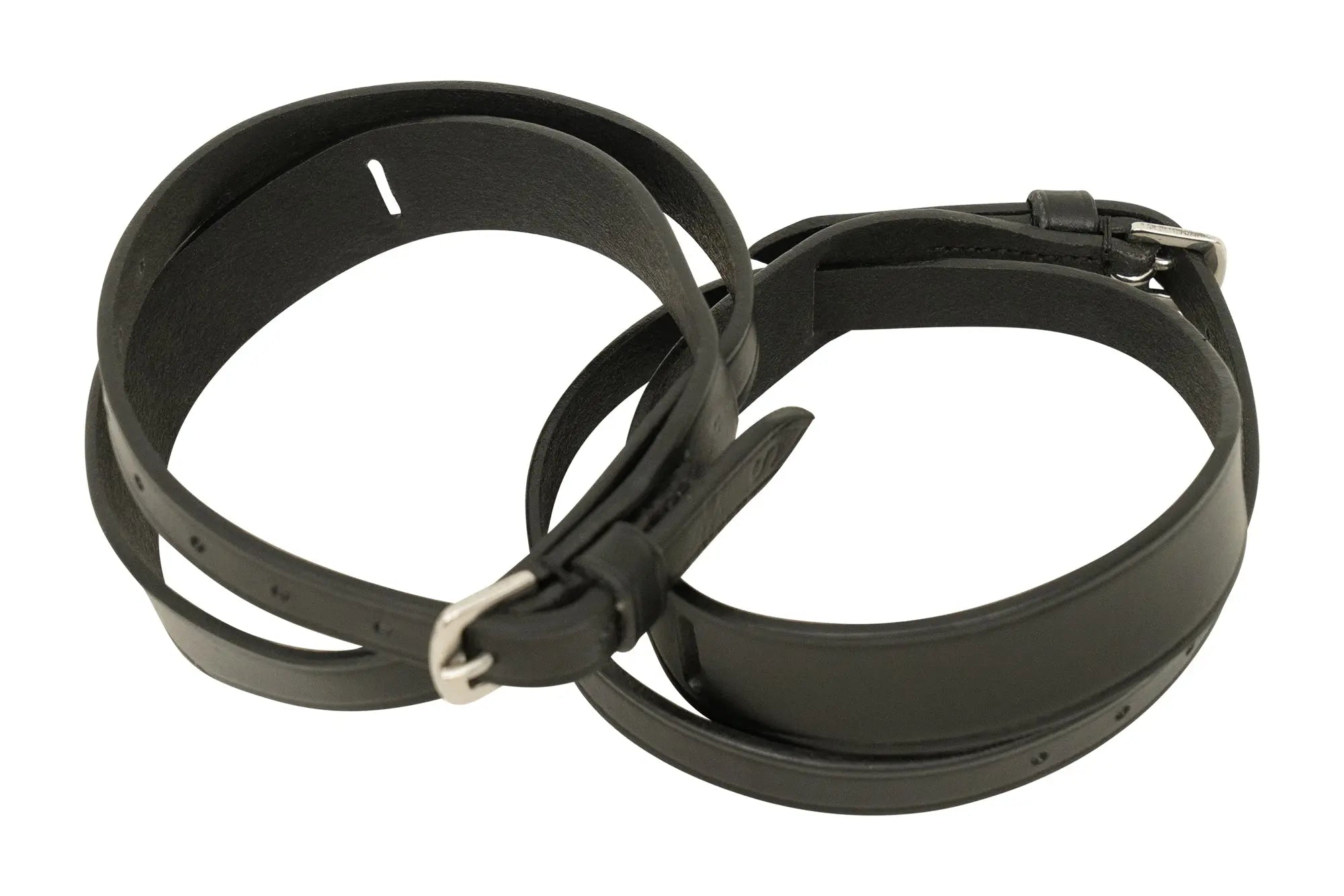 Huntley Equestrian Children's Black Leather Jodhpur Garter Straps, overhead angled view of the buckled pair
