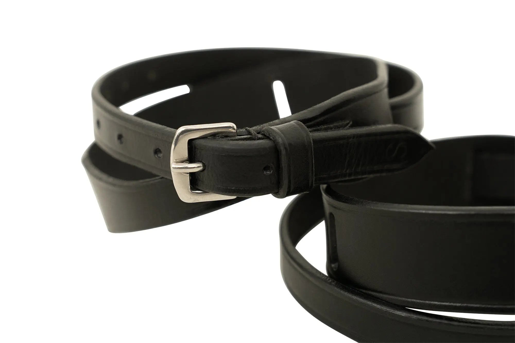 Huntley Equestrian Children's Black Leather Jodhpur Garter Straps, buckle and leather keeper close-up
