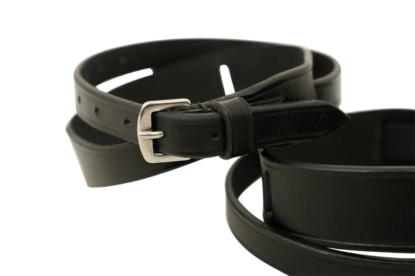 Huntley Equestrian Children's Black Leather Jodhpur Garter Straps, buckle and leather keeper close-up
