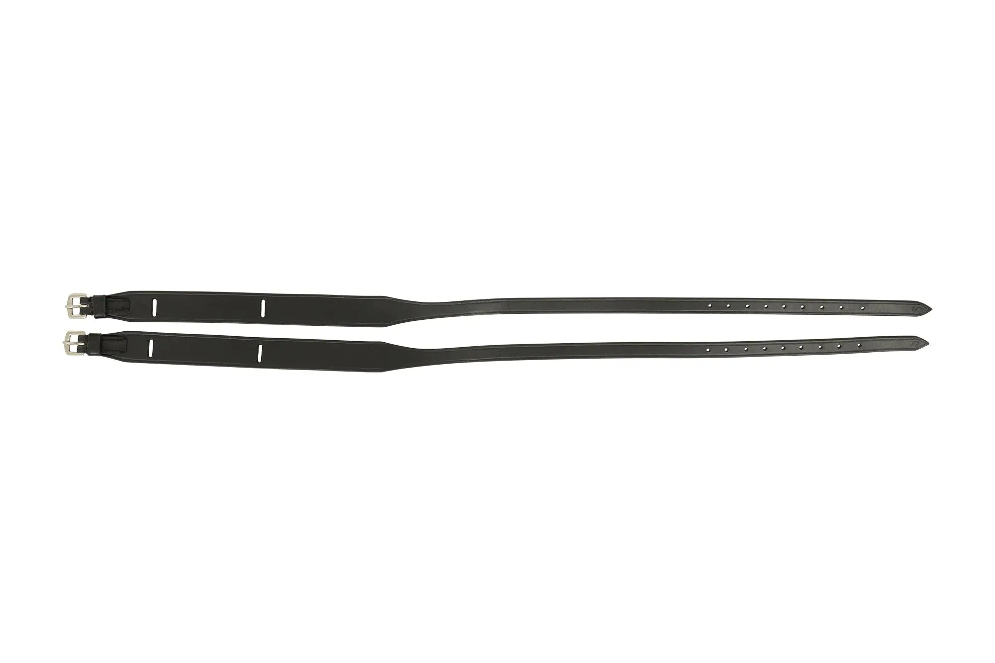 Huntley Equestrian Children's Black Leather Jodhpur Garter Straps, full-length pair laid flat with buckles and adjustment holes
