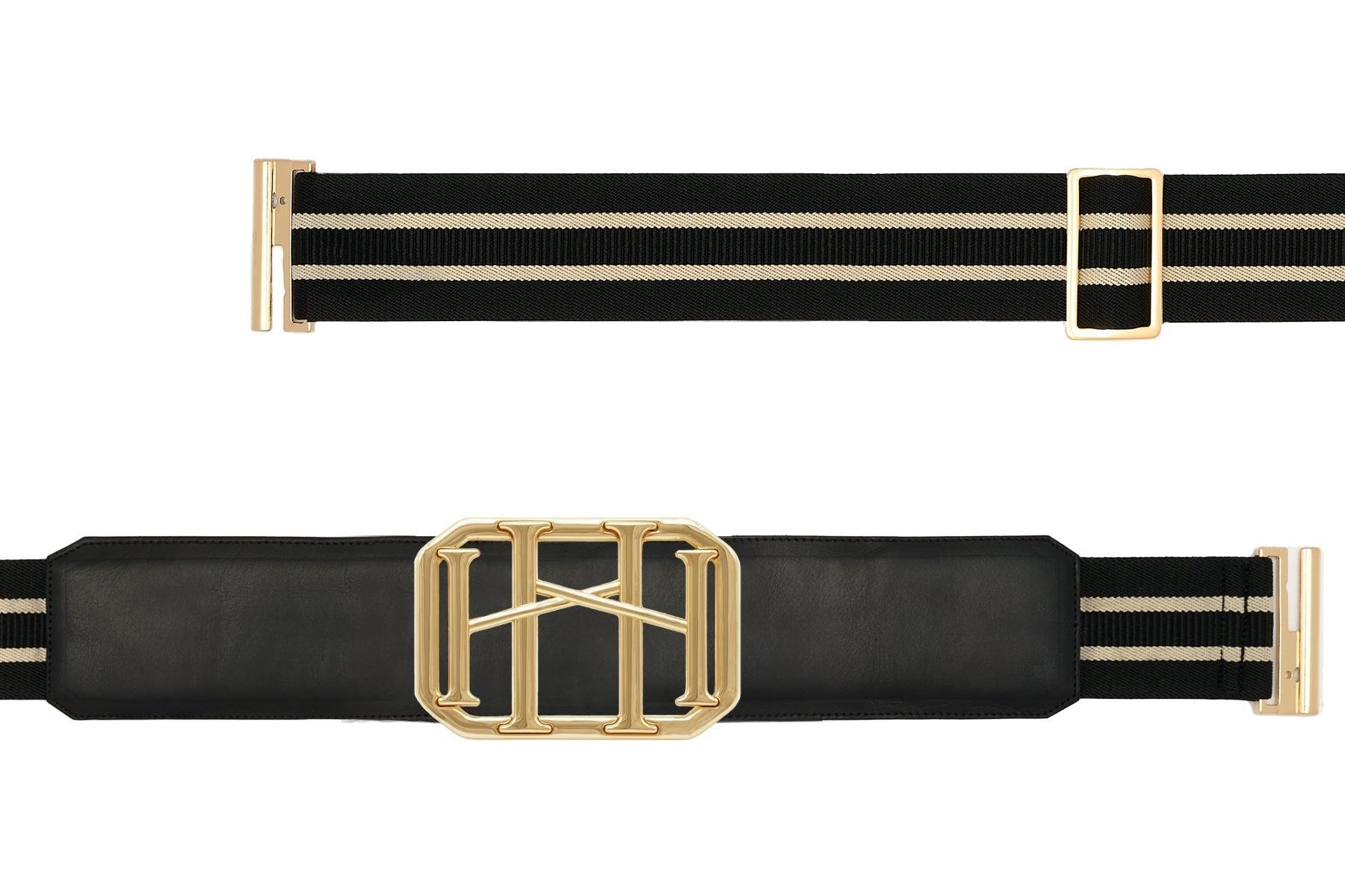 Icon Equestrian Belt - Black Leather with Black and Buff Stripe - RM - The In Gate