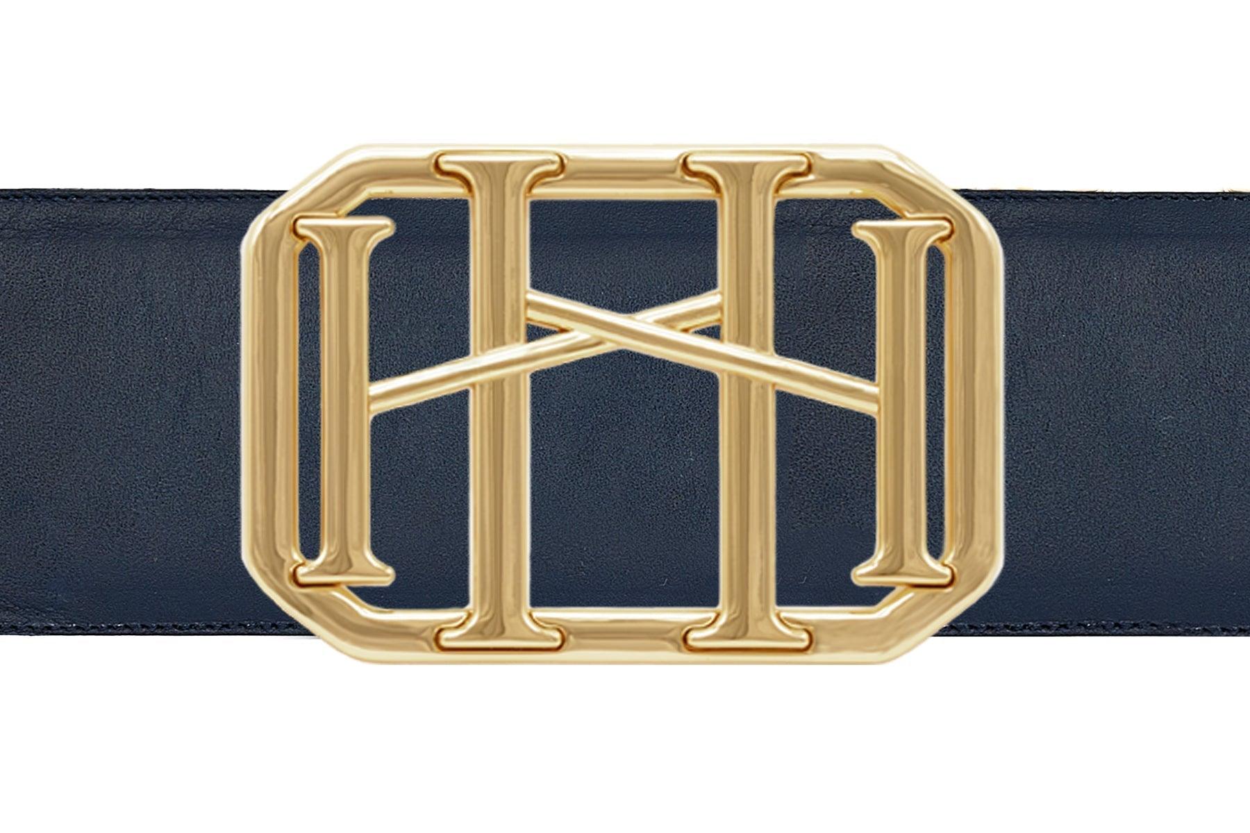 Icon Equestrian Belt - Navy Leather with Hunter Green, Navy and Magenta Stripe - RM - The In Gate