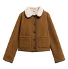 Brown jacket with white collar on a white background