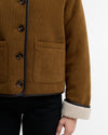 Brown corduroy jacket with button details on a white background