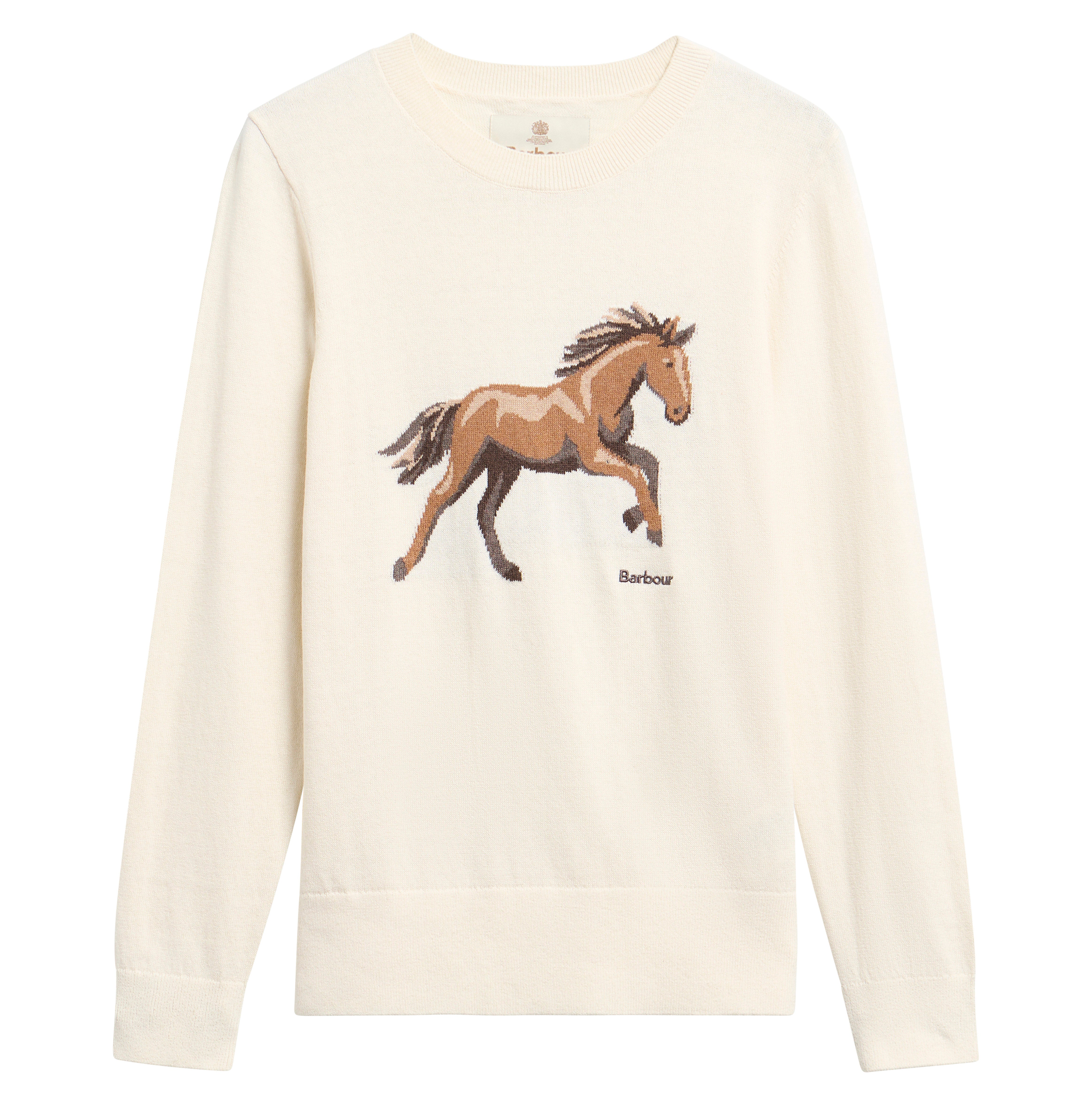 An off-white long-sleeve crewneck sweatshirt featuring a graphic of a brown and tan galloping horse on the chest, with the word 'Barbour' printed in black below it.