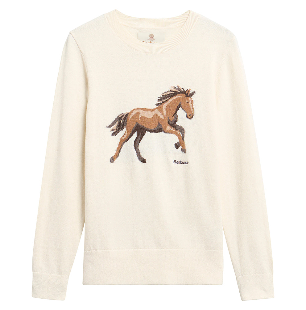 An off-white crewneck sweatshirt featuring a detailed embroidered brown horse graphic on the chest, with the Barbour logo printed below it, set against a plain white background.