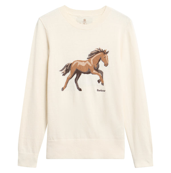 An off-white long-sleeve crewneck sweatshirt featuring a graphic of a brown and tan galloping horse on the chest, with the word 'Barbour' printed in black below it.